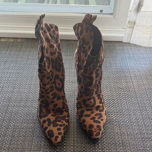 Jessica Simpson Leopard-Print Brown and Black Pointed-Toe Ankle Boots
